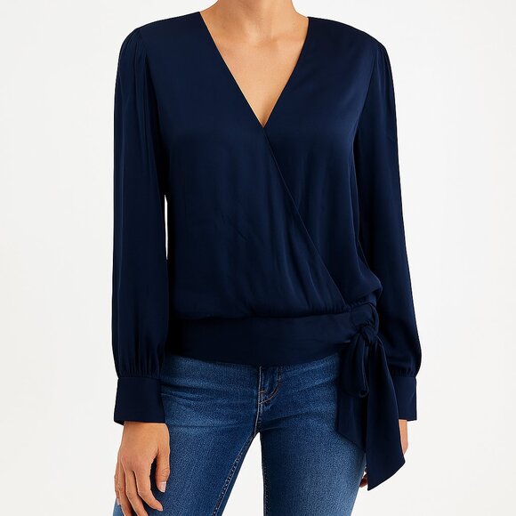 Banana Republic Navy Blue Surplice Tie Blouse | Size Large Tall - Picture 1 of 10